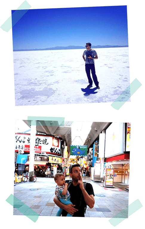 Gian en desierto de sal en Argentina y en calle con tiendas en Japón